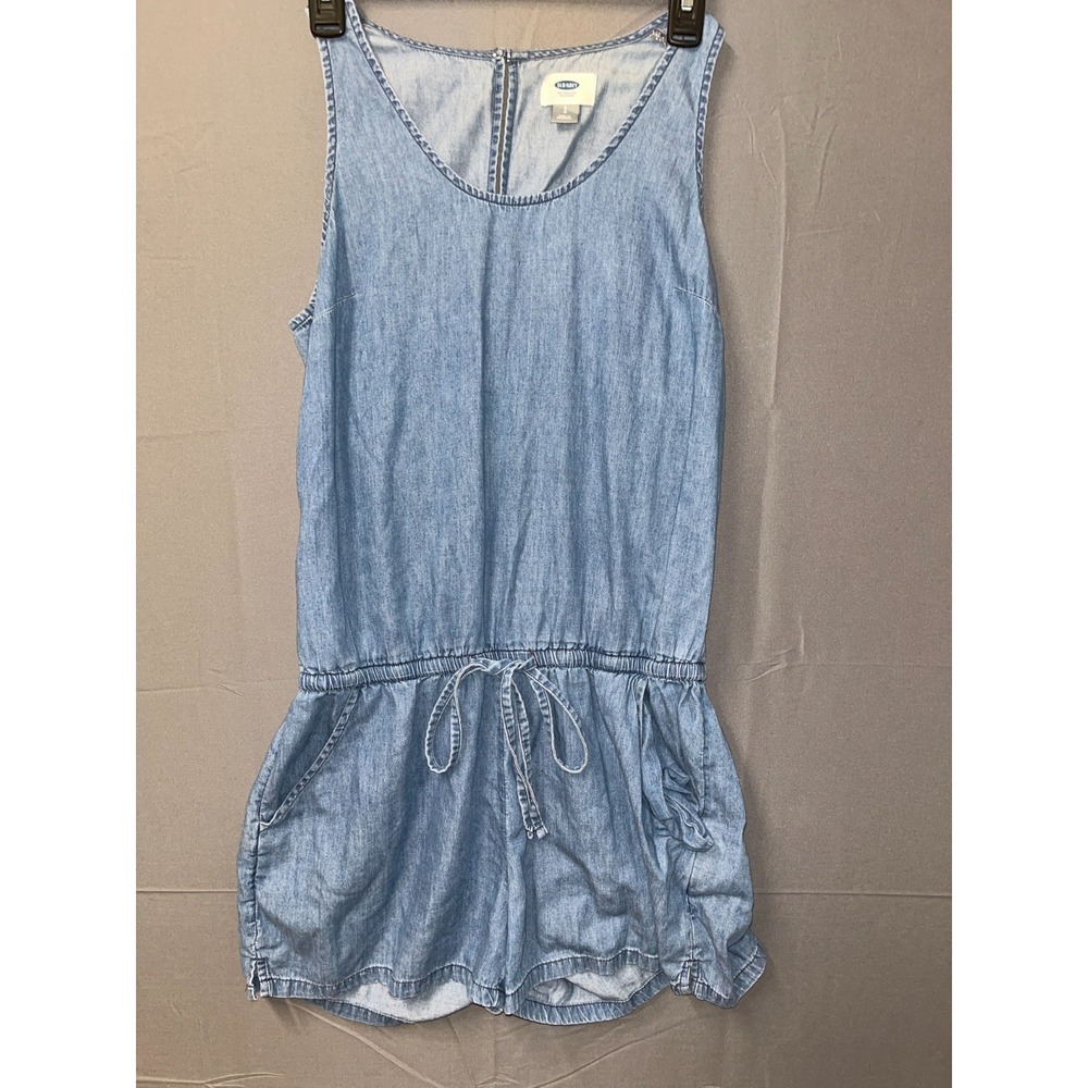 Old Navy Romper Womens S Petite Blue Denim Cotton Scoop Neck Drawstring Waist